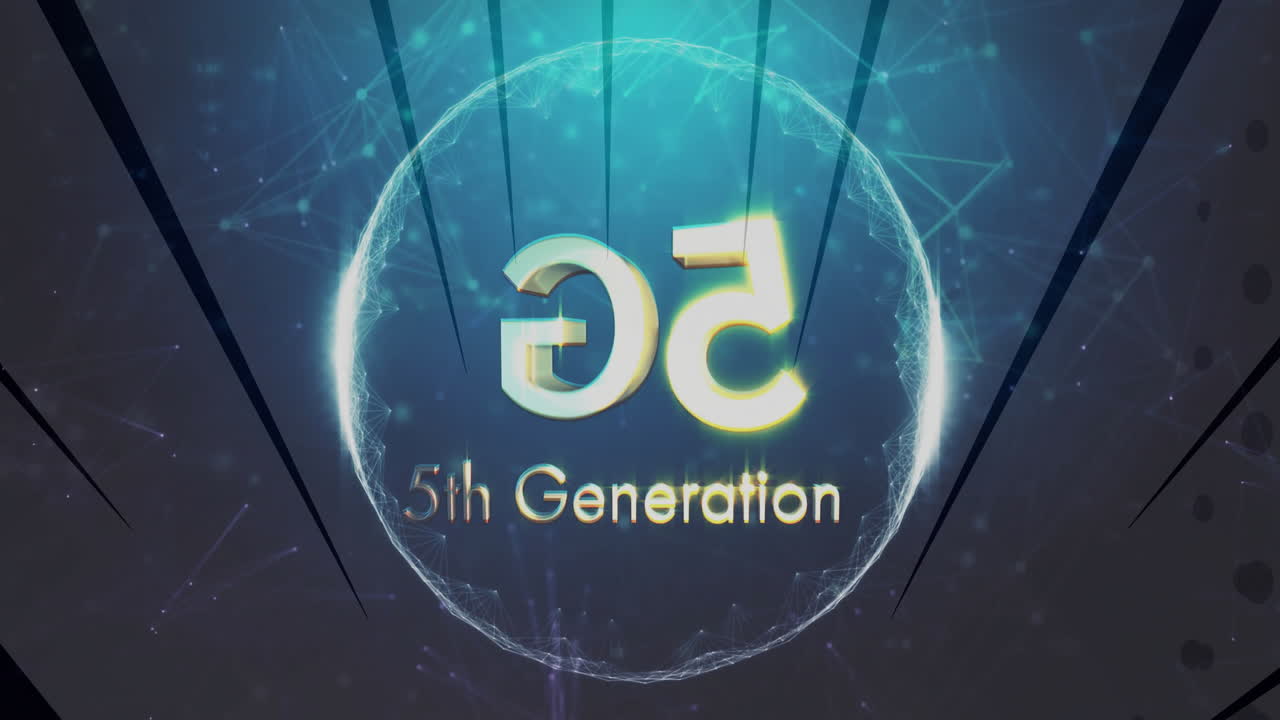 5G 5th Generation text with digital network animation on blue background