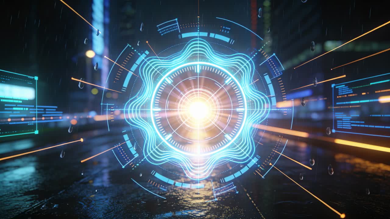 Vertical video: Core powering, pulsing HUD animating over neon wet road, initiating scan with beams