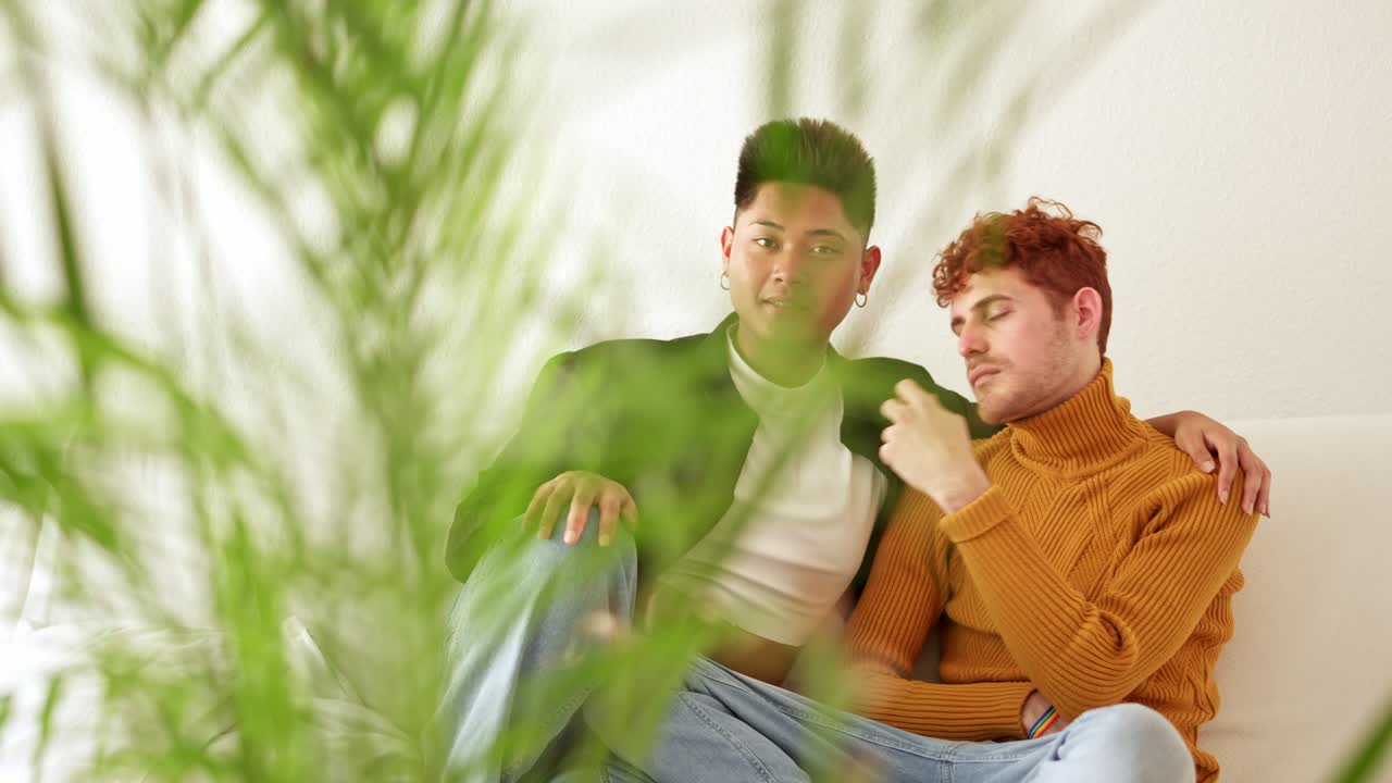 Happy gay couple embracing and smiling on a sofa