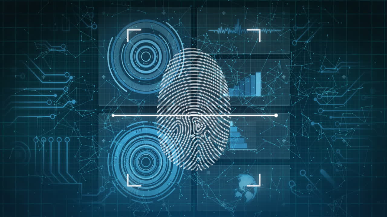 animación del escáner biométrico de huellas dactilares contra la interfaz con el procesamiento de datos sobre fondo azul