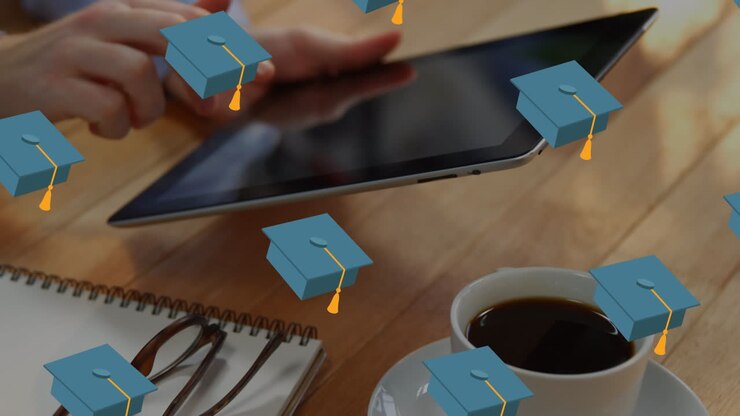 Animation of falling hats over person using tablet