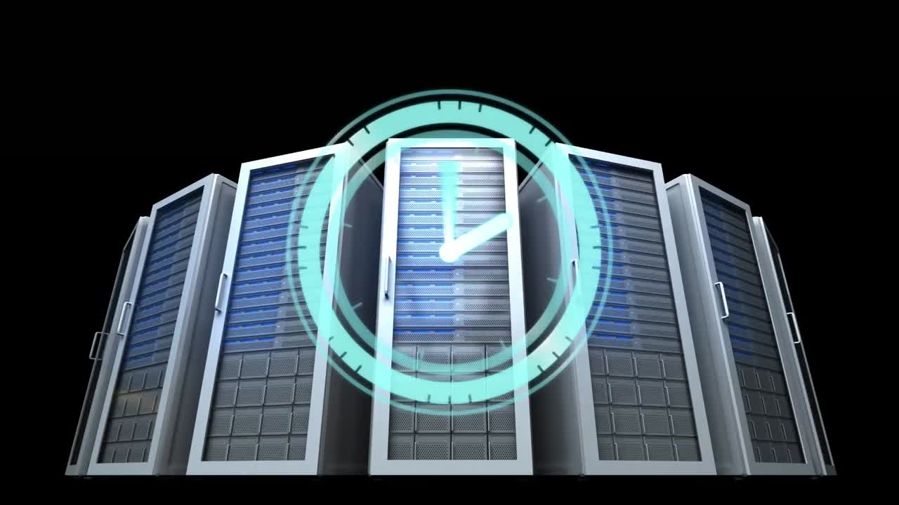 Animation of clock moving fast over computer servers