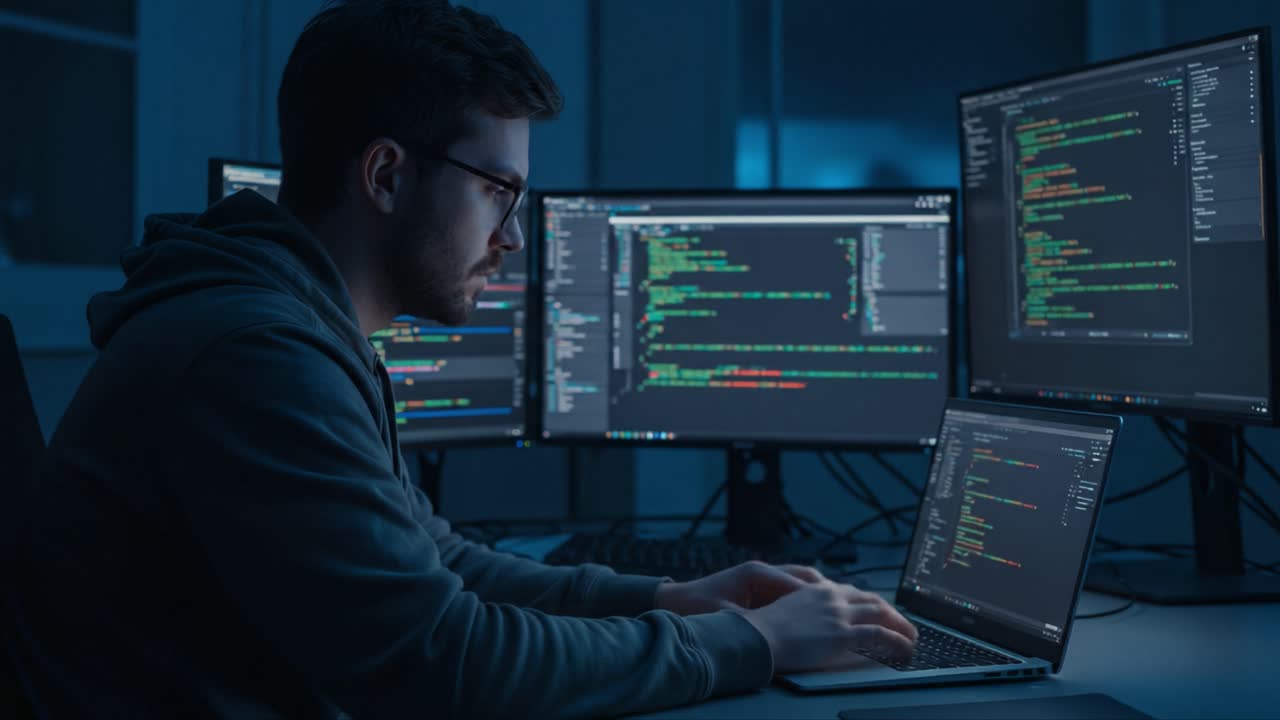 An Intense Coding Session: A Programmer Engaged in Software Development Surrounded by Multiple Monitors Displaying Complex Code in a Dimly Lit Environment