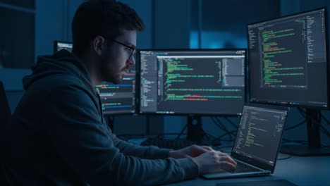 an intense coding session: a programmer engaged in software development surrounded by multiple monitors displaying complex code in a dimly lit environment