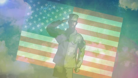 animation of soldier saluting over american flag