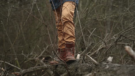 the boots of an unrecognizable person stand on a fallen tree