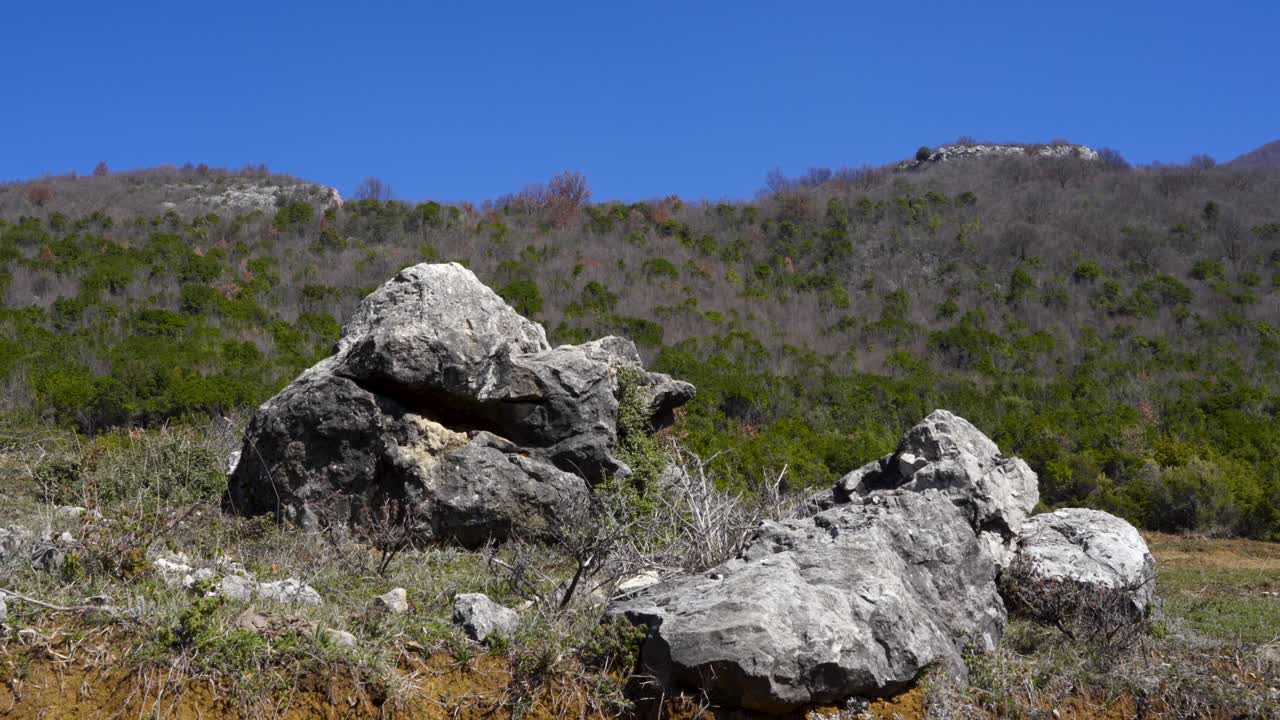 rocas con hermosa superficie de granito en el fondo de la montaña con bosques de árboles bajo un cielo azul brillante en primavera
