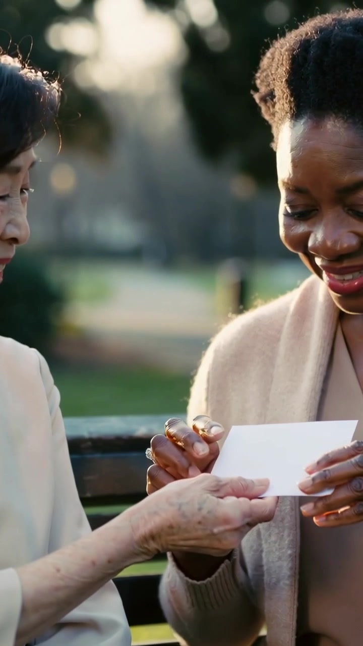 Vertical video: Extending left, senior giving white card on park bench, right in cardigan sharing