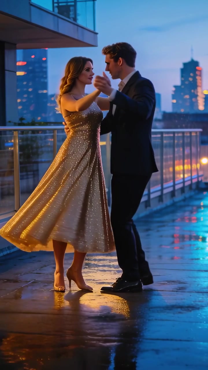Video verticale: Uomo in abito che fa volteggiare una donna in abito dorato su un tetto con pavimento bagnato per una scena romantica.