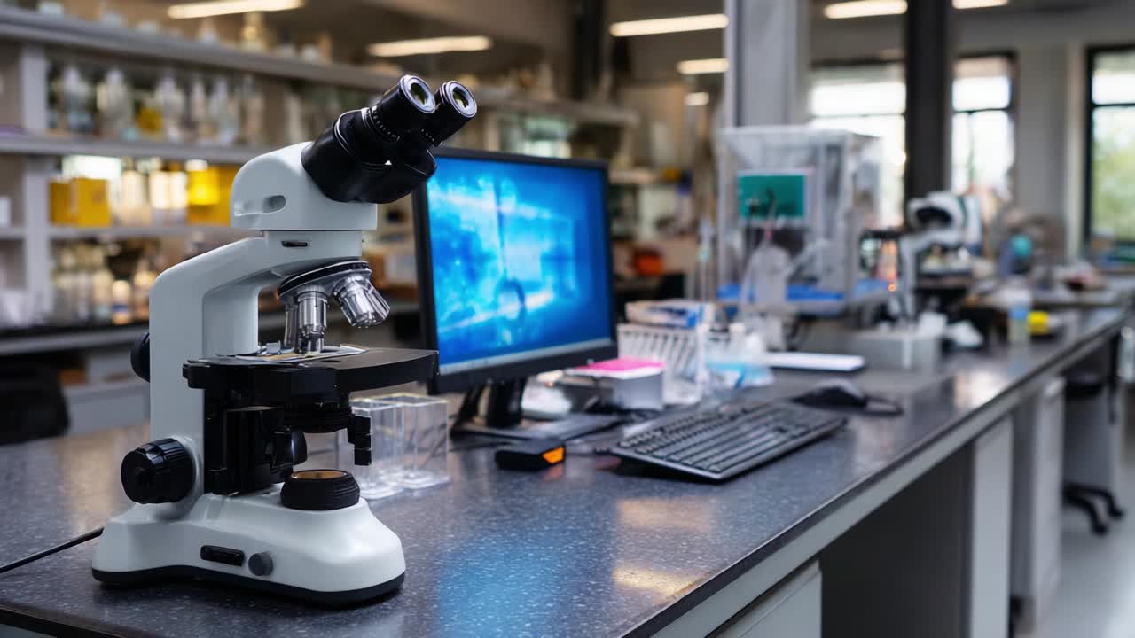 A Close-Up of a Modern Laboratory Setting Featuring a High-Quality Microscope with an Engaging Computer Display in the Background, Illustrating Scientific Research and Observation in Progress