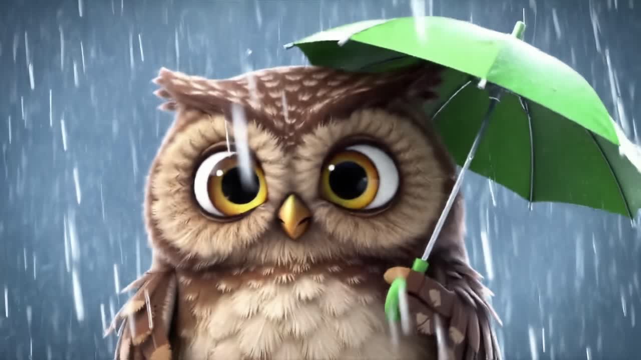 A Charming Animated Owl with a Green Umbrella Braving the Rain, Radiating Cuteness and Evoking Joy Amidst the Stormy Weather in a Playful Scene