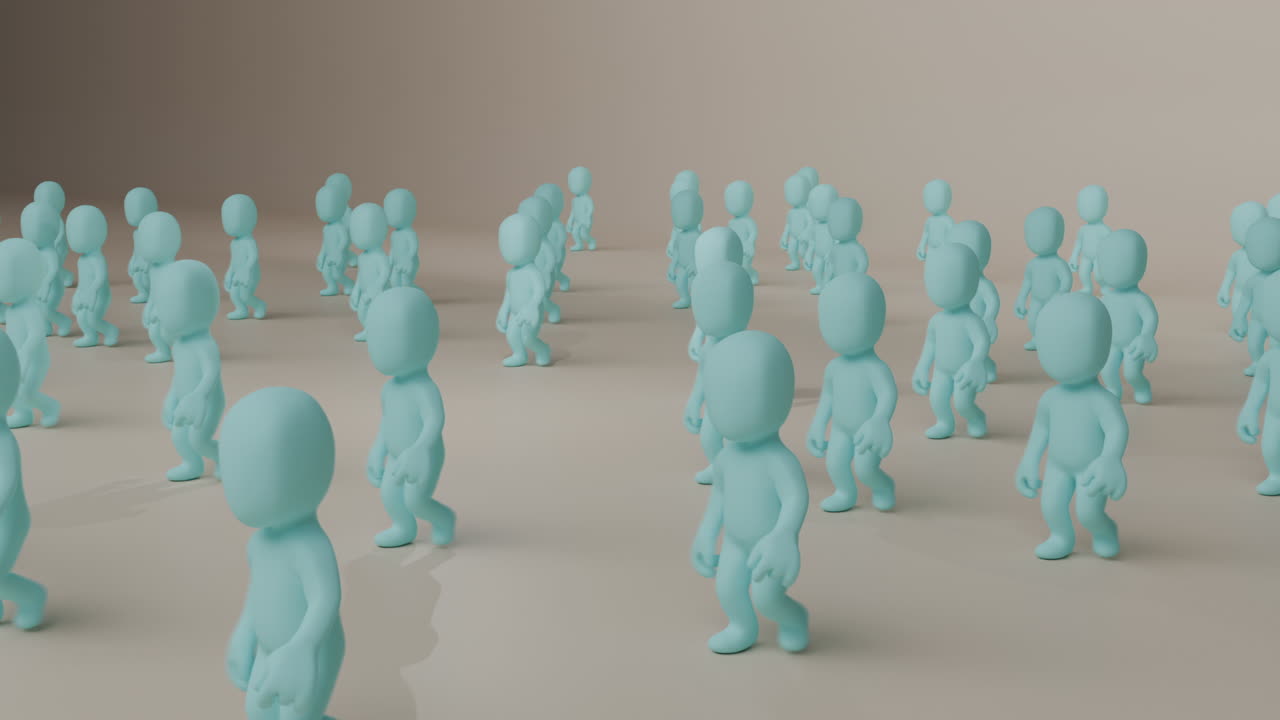 A group of stylized blue 3D characters walks from right to left in synchronized over a clean beige background.