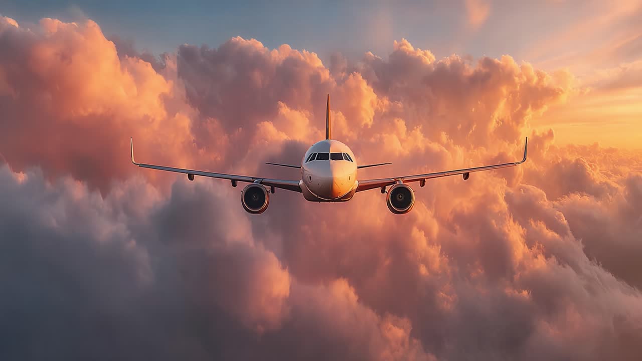Un majestuoso avión planeando entre nubes de algodón de azúcar al atardecer, capturando el espíritu de aventura y la belleza de los viajes aéreos en un cielo vibrante.