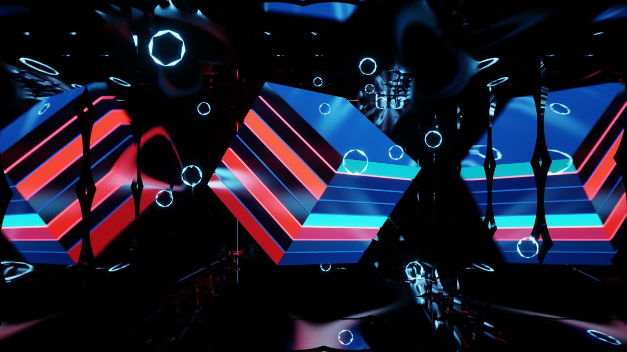 Rotation of a Musical DISCO Cube in a Mirror Tunnel.