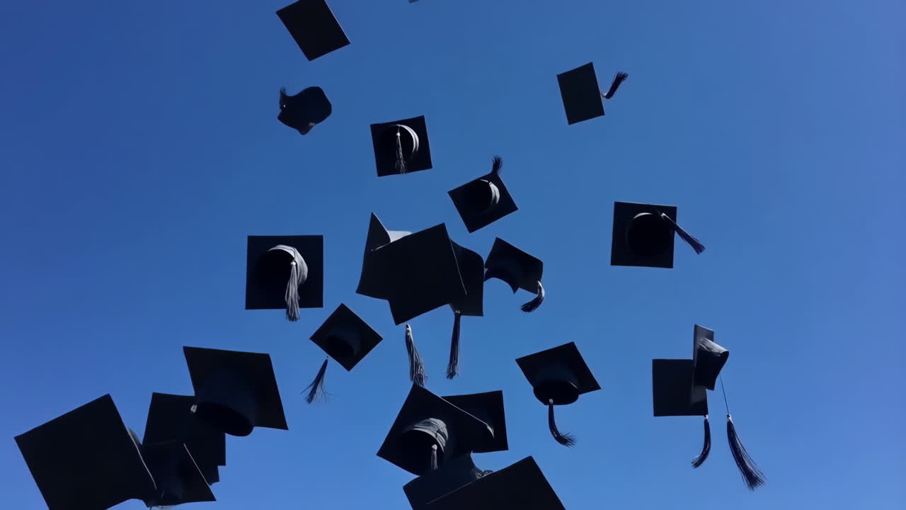 Graduation Caps Thrown in Blue Sky Celebration