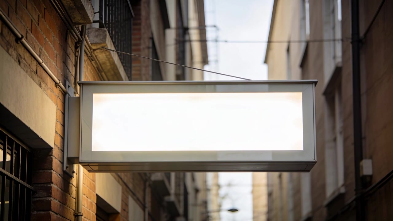 Moving camera approaching illuminated rectangular sign in narrow urban alley, revealing bracket