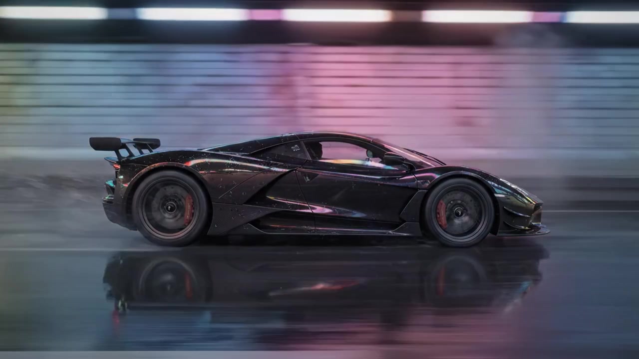 Un'ipercar nera dinamica che sfreccia attraverso un tunnel colorato e nebbioso ad alta velocità, mettendo in mostra il suo design aerodinamico e la sua potente presenza in un contesto urbano.