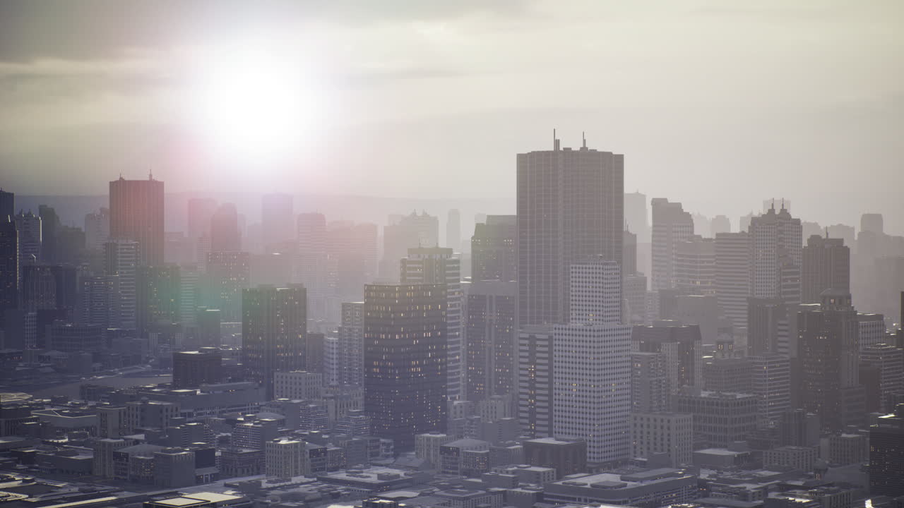 Urban skyline glows softly at dawn revealing a vibrant city awakening