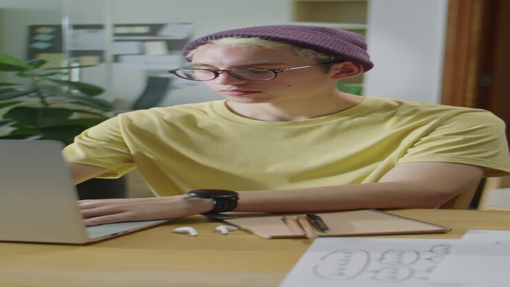 Gen Z kontormedarbejder, der skriver på bærbar computer ved skrivebordet