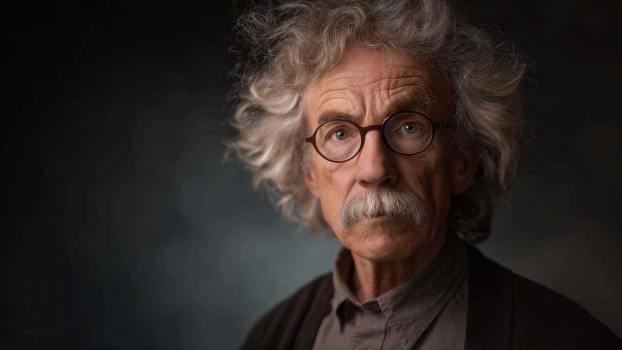 Un uomo anziano pensieroso con capelli ricci e occhiali, ritratto in due inquadrature che mostrano la sua espressione riflessiva e il suo stile unico con illuminazione soffusa