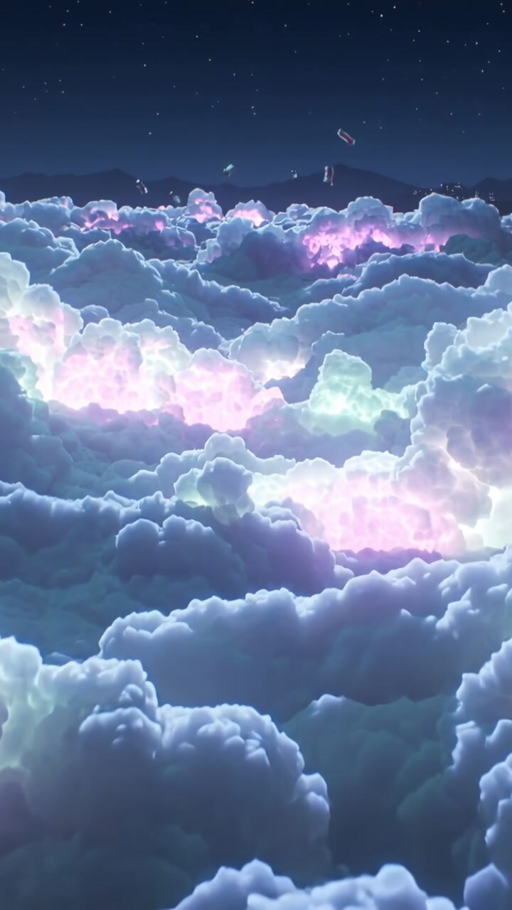 Vertical video: Drone revealing lit clouds drifting at night, showing pastel lights, motes, stars