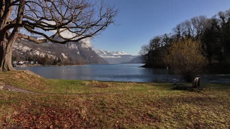 hermosa vista del lago alpino suizo en otoño