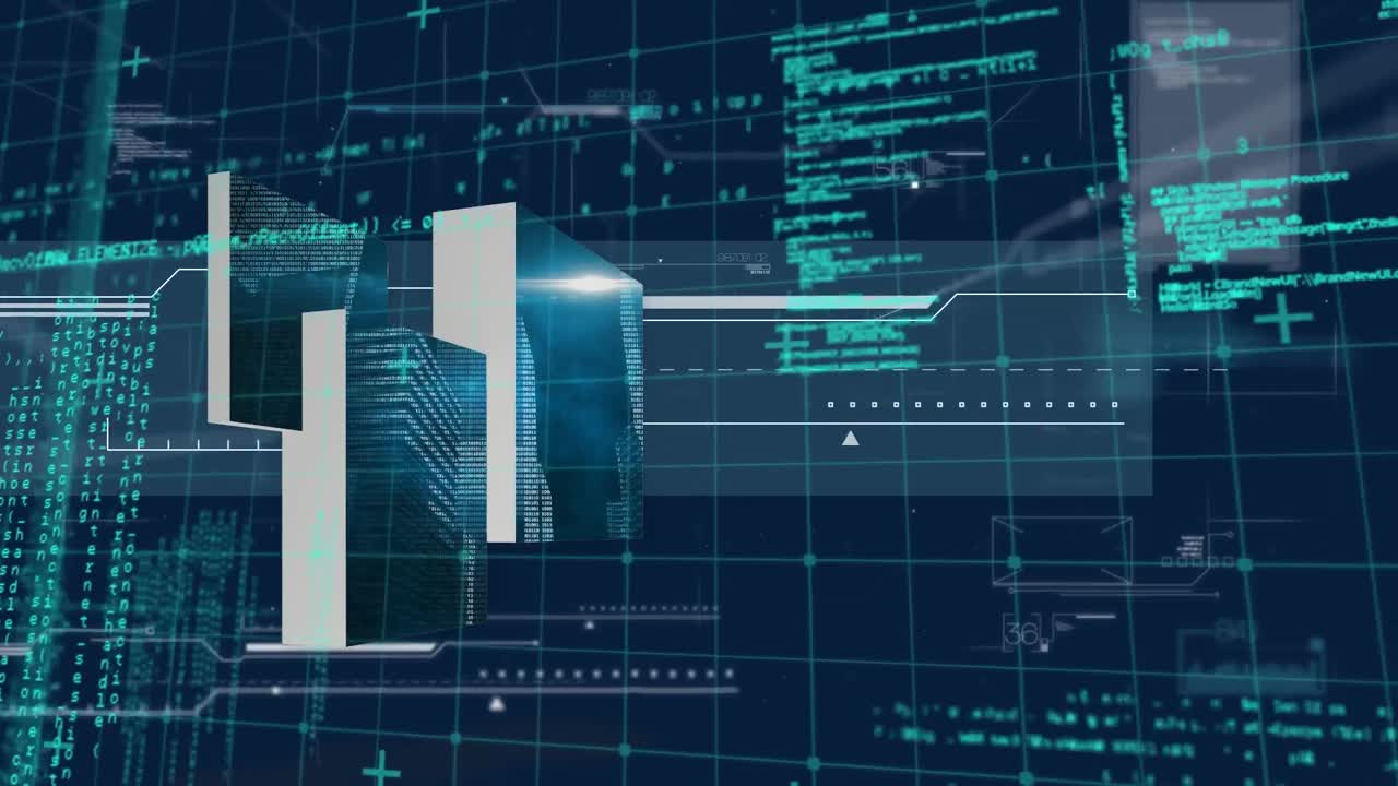 animazione digitale dell'interfaccia con elaborazione dei dati su sfondo blu