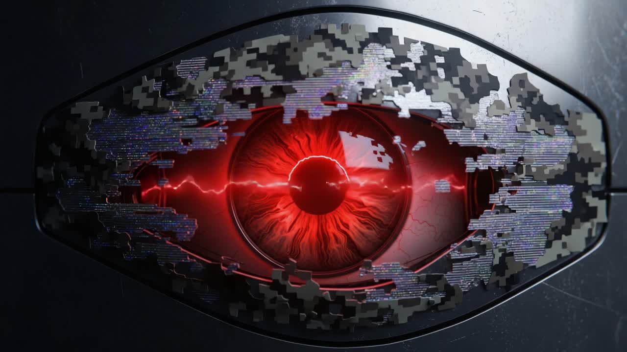 A Close-Up View of a Futuristic, Glowing Red Eye Set Against a Dark, Textured Background, Emitting Pulsing Energy with a Technological Aesthetic