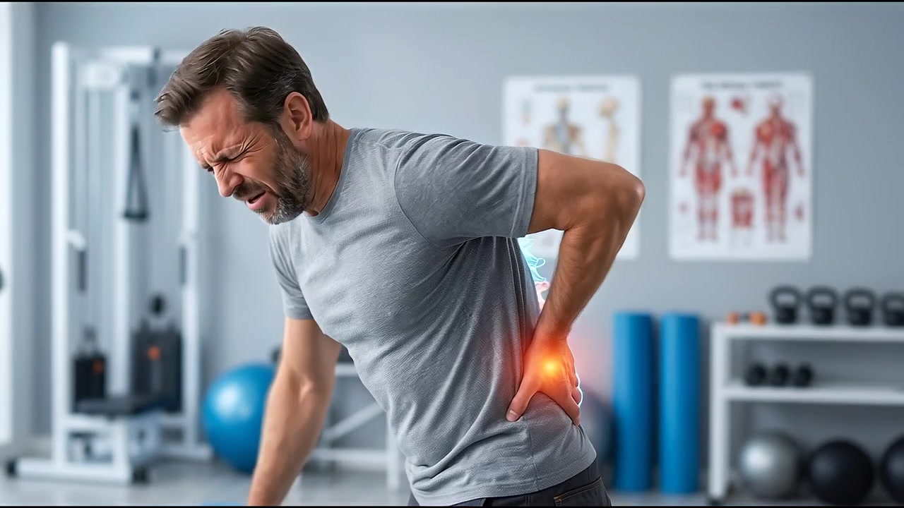 Man holding painful lower back in clinical environment