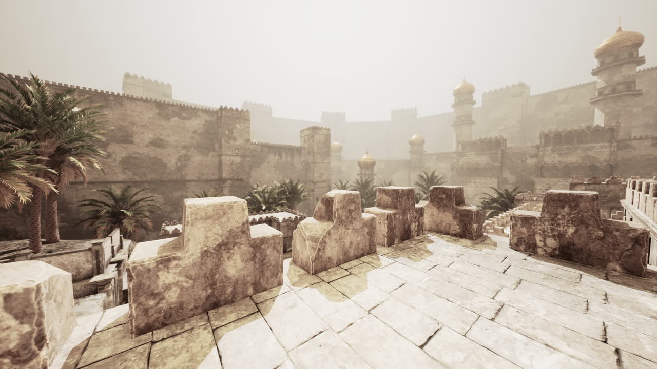 descubriendo arquitectura antigua en una ciudad oriental envuelta en niebla