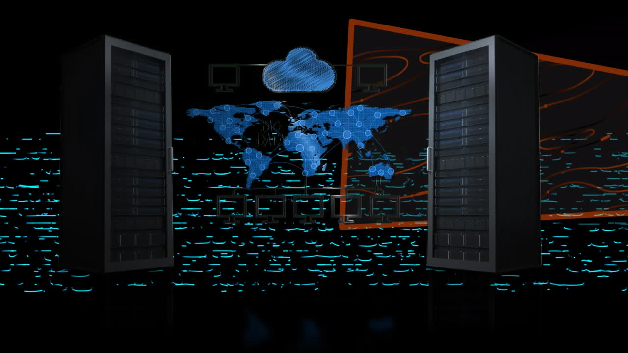 Animation of data processing over servers and world map