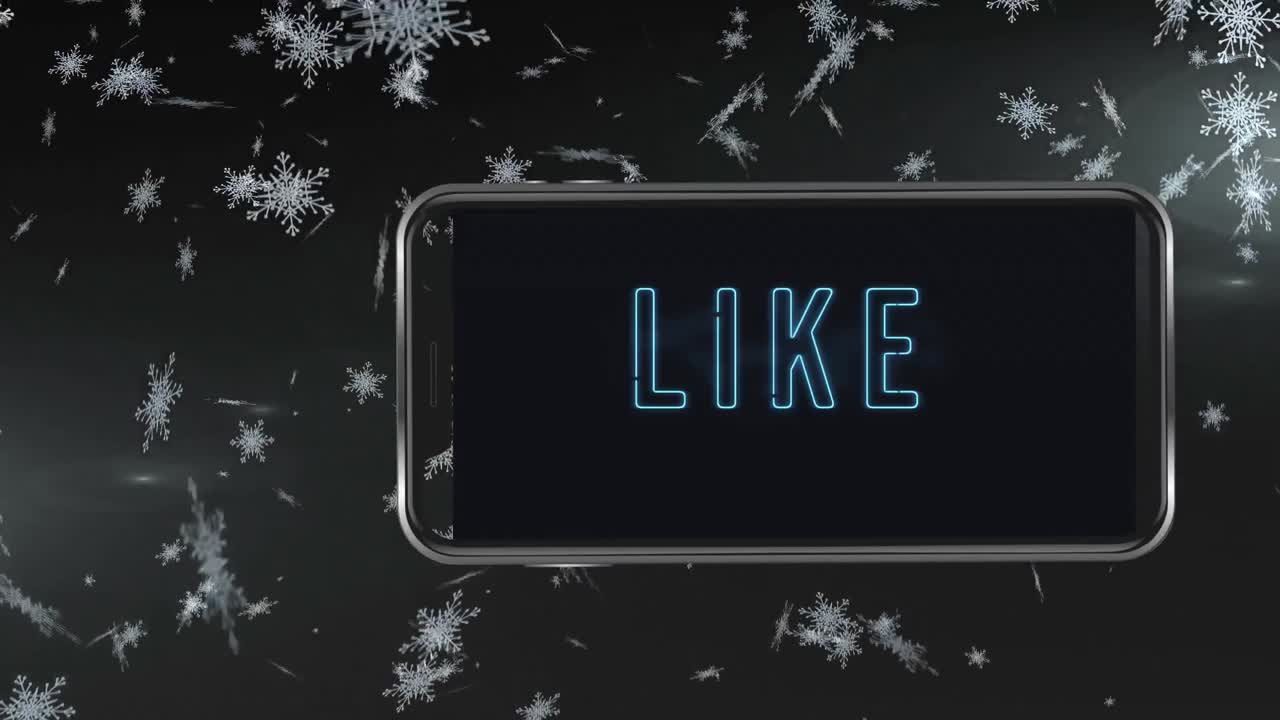 animación de texto similar en la pantalla del teléfono inteligente sobre la nieve que cae en el fondo