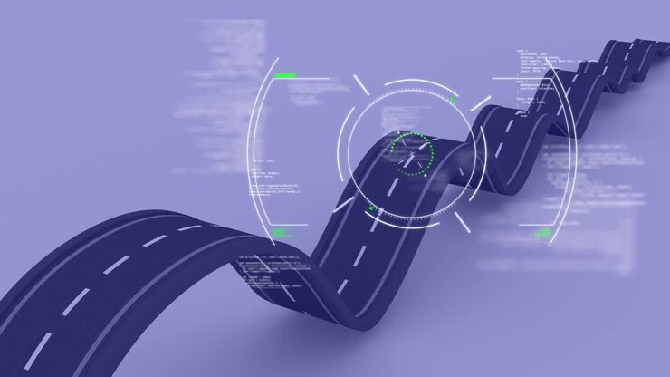 Animation of viewfinder over road on violet background