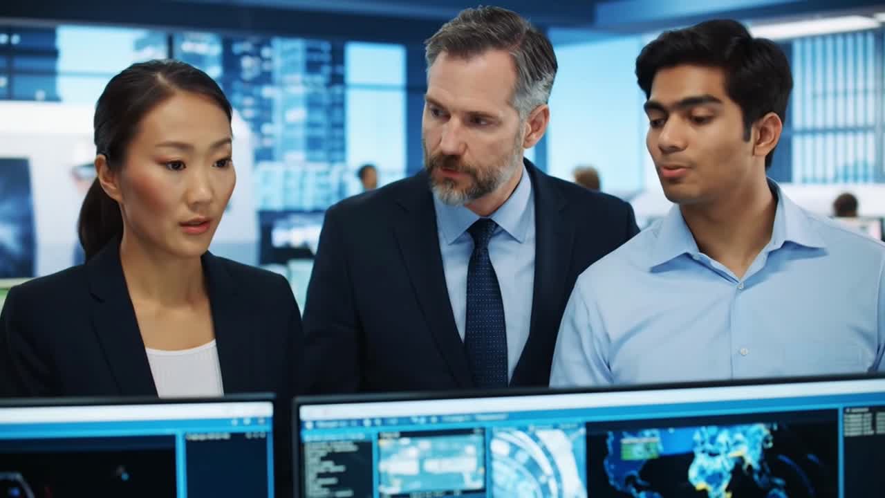Diverse business team, a woman and two men, intently analyzes complex data on multiple computer