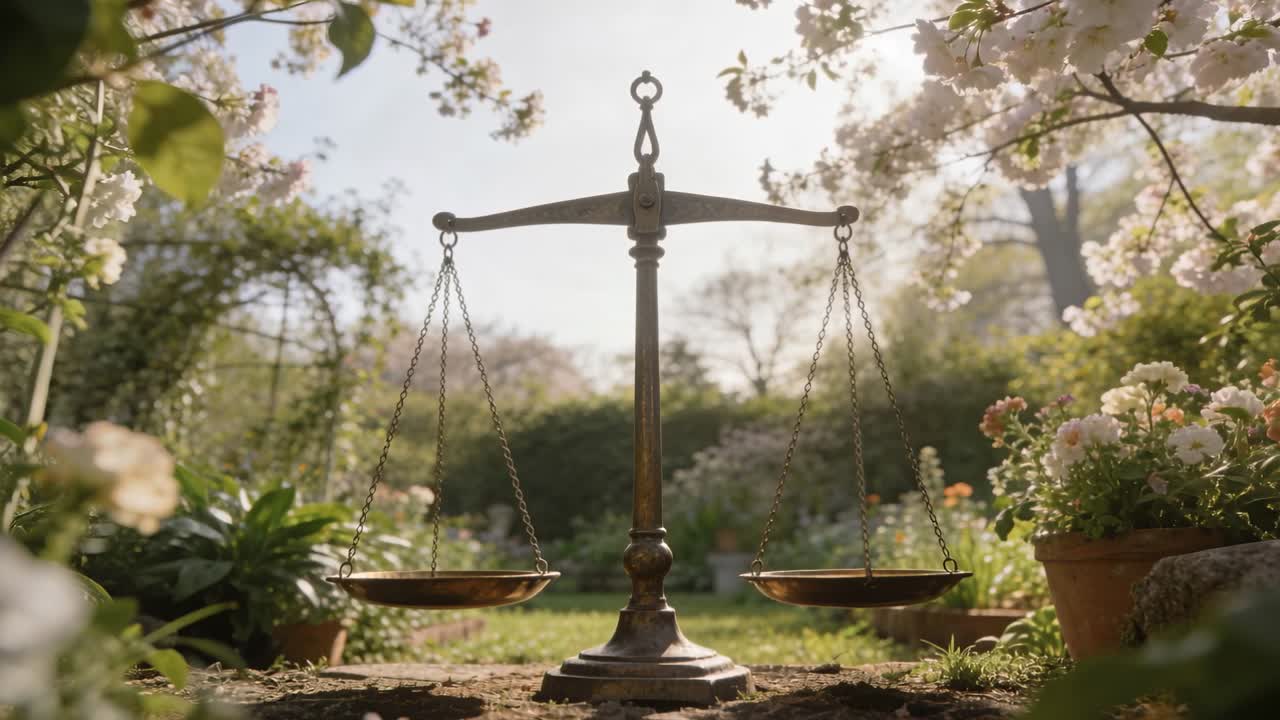 Un'antica bilancia in ottone che oscilla reagendo a una leggera brezza in un giardino fiorito, con i piatti vuoti