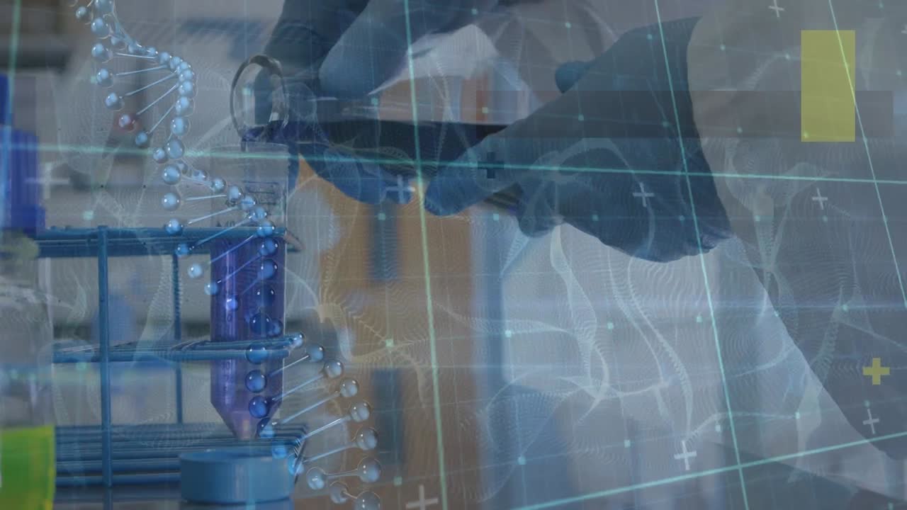 animación de cadena de adn y procesamiento de datos sobre científica caucásica en el laboratorio