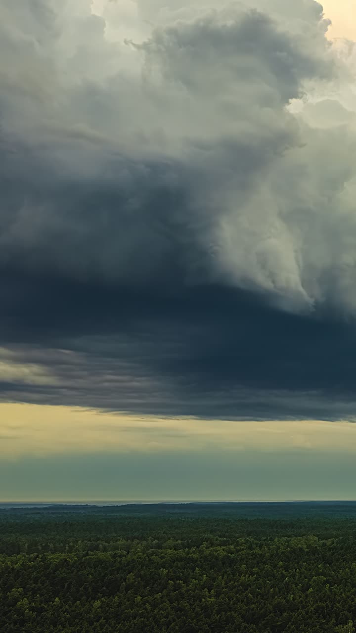 Dark storm clouds turning sky gray green above forest horizon with pale yellow light band, vertical