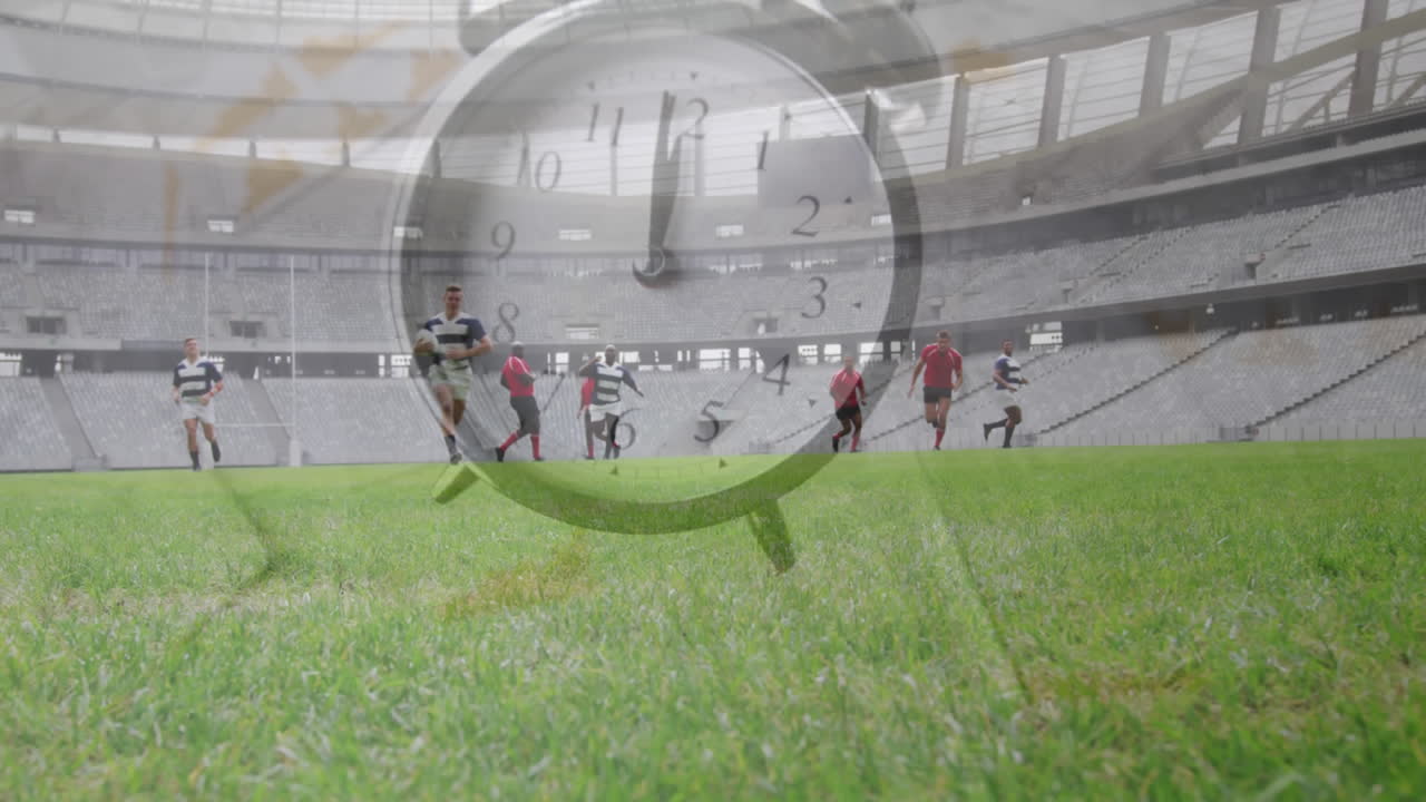 럭비를 하는 두 개의 다민족 럭비 팀 위에 떨어지는 시계의 애니메이션