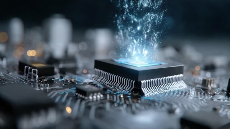 Una trasformazione sorprendente di un microchip: da circuito statico a spettacolo dinamico di emissione luminosa che mette in mostra l'eleganza della tecnologia moderna in alta definizione