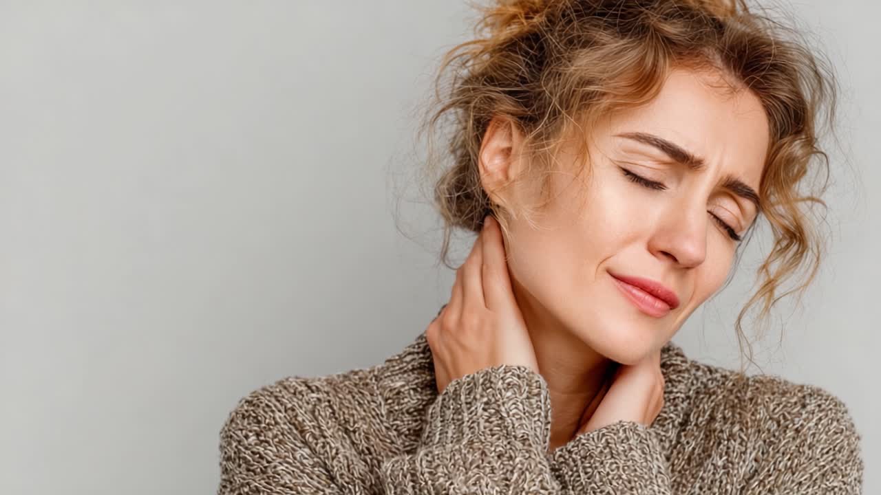 Una donna che prova disagio e dolore, esprimendo sintomi come tensione e affaticamento, mentre si tiene il collo, mostrando un momento sincero di lotta emotiva e fisica.