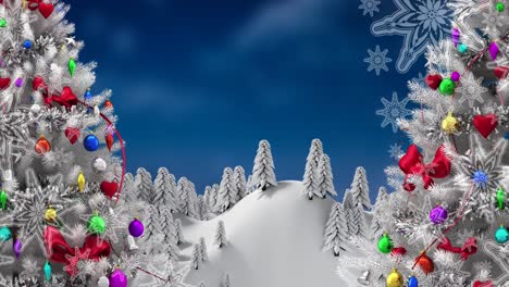 Animation-of-winter-scenery-landscape-with-snowfall-and-decorated-christmas-trees-on-blue-background