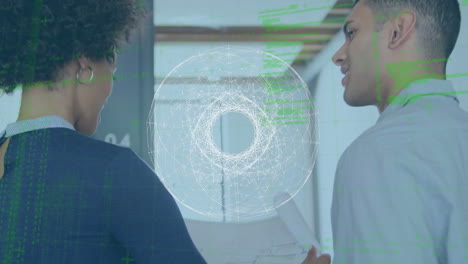 Animation of rotating network and data processing over happy male and female colleague shaking hands