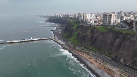 Aerial-Drone-Morning-Footage-Of-Lima-Skyline,-The-Capital-City-Of-Peru-In-South-America-Miraflores-Chorrillos-Barranco-Malecón-De-Miraflores-Cliffs