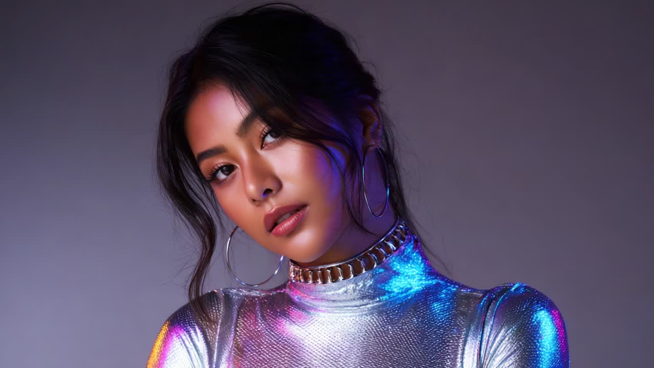 Portrait of a Woman with Silver Jewelry and Shiny Clothing