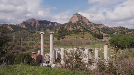 the ruins of temple of artemis in front of tmolus mountain in sardis