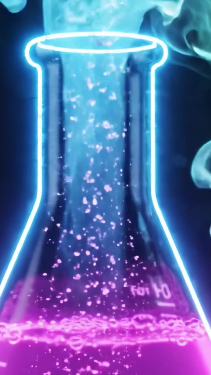 Uma exibição visualmente deslumbrante de um béquer brilhante preenchido com líquido rosa vibrante, mostrando reações químicas e atividade borbulhante em um cenário de laboratório futurista
