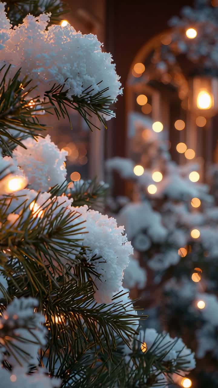 Vertical video: Snow-covered branch resting on porch, with string lights and lantern, copy space