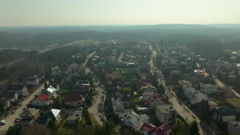 Village-Houses-On-Foggy-Morning-In-Chwarzno,-Gdynia,-Poland