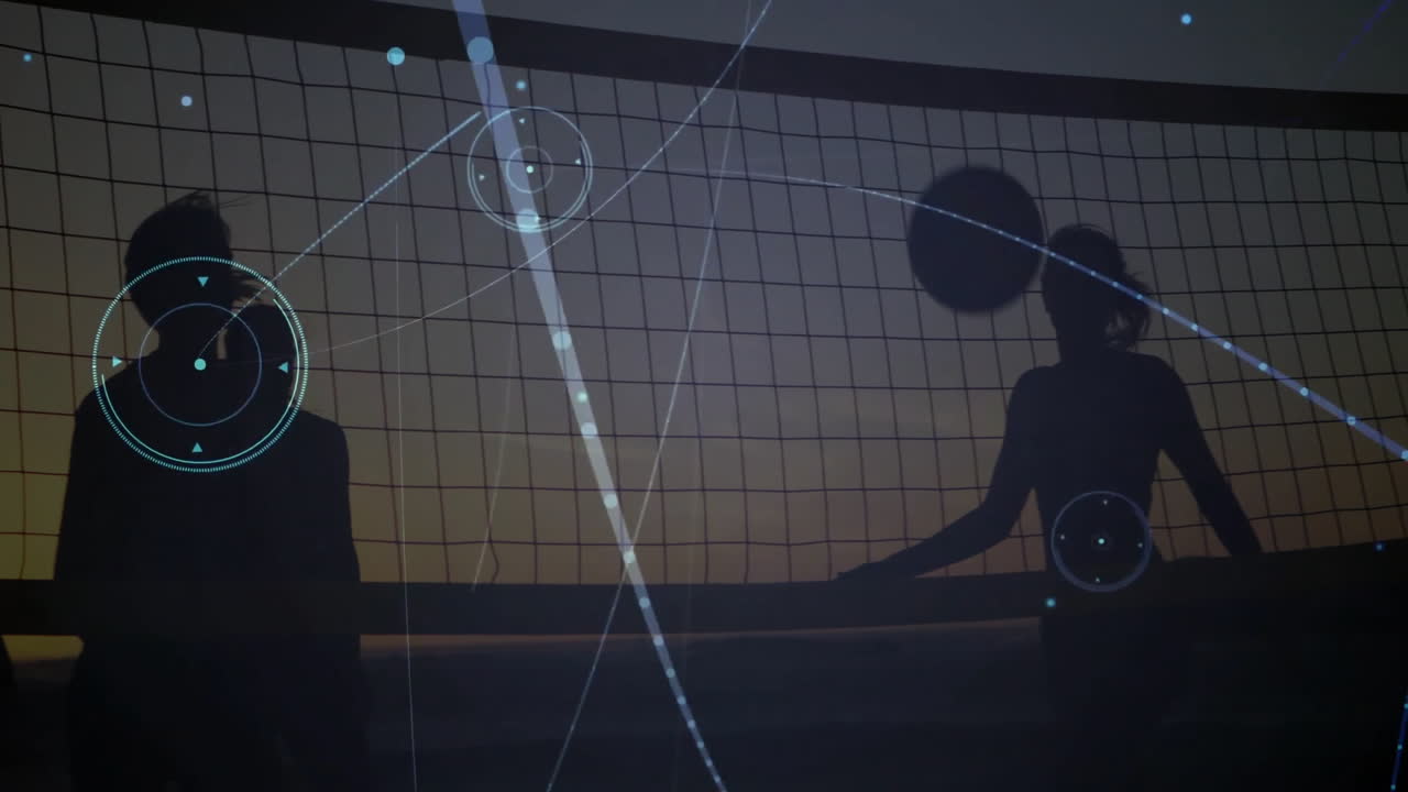 Playing volleyball, silhouetted people in animation with digital data lines overlay