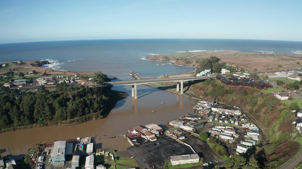 Aerial descending shot flying under the Noyo River Bridge in Fort Bragg, California. 4K